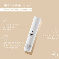Closeup of Glo Skin Beauty Oil Free Moisturizer pump highlights quick non-greasy application