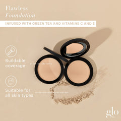Glo Skin Beauty pressed base Honey Light brush application for lightweight coverage
