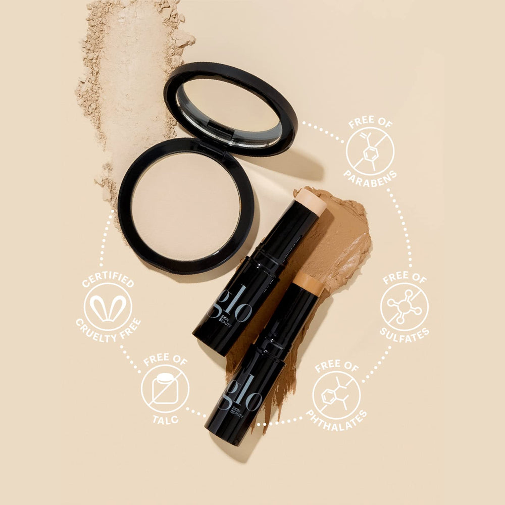 Glo Skin Beauty pressed base Honey Light half-face application showing blendable coverage