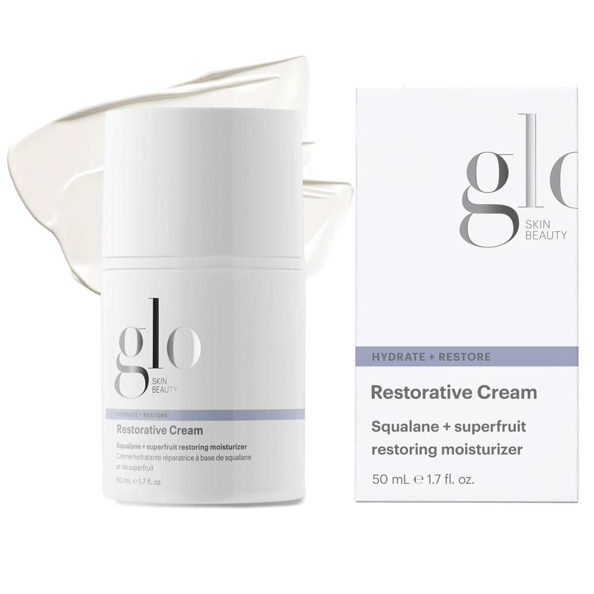 Glo Skin Beauty Restorative Cream tube application demonstrates luxurious hydration for dry skin.