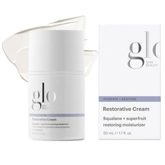 Glo Skin Beauty Restorative Cream tube application demonstrates luxurious hydration for dry skin.