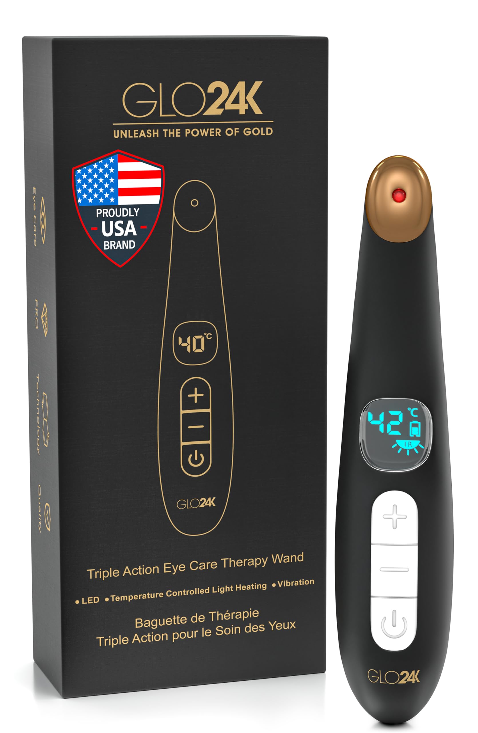 GLO24K Eye Care Beauty Massager closeup showing premium gold design for delicate eye care.