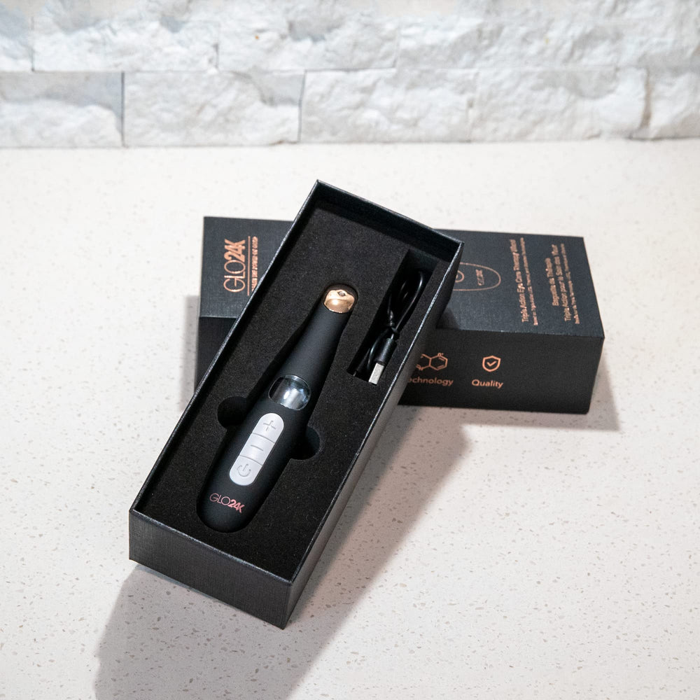 GLO24K Eye Care Massager heat mode highlights warming treatment for refreshed appearance.