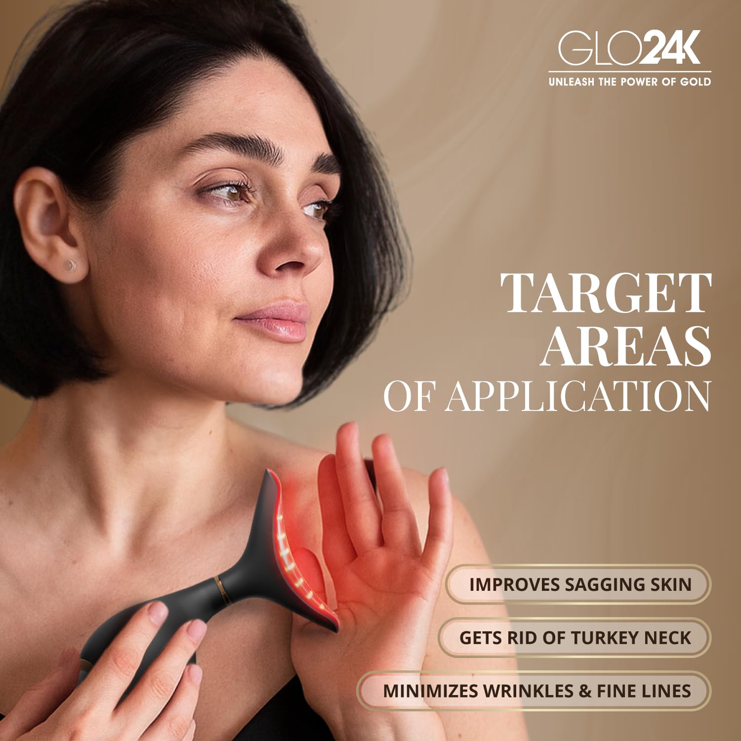 GLO24K face sculpting device held ergonomically for precise jawline massage.