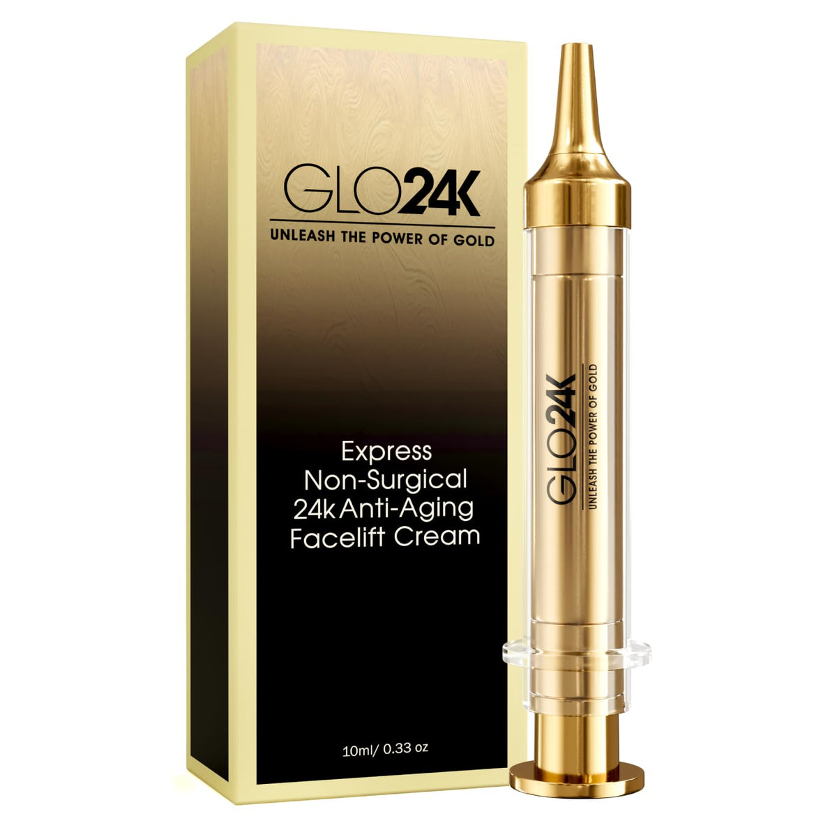 GLO24K Instant Facelift Cream bottle with gold-infused formula for a lift potential