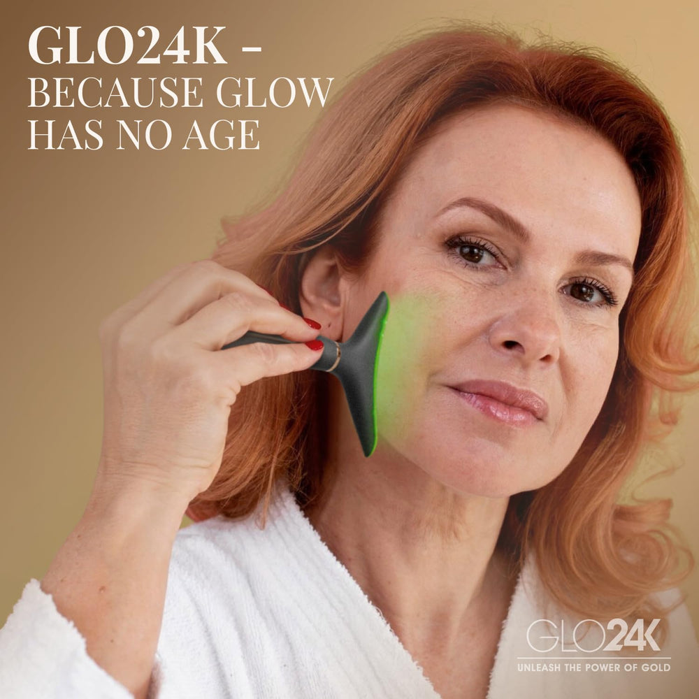 GLO24K neck and jawline sculpting action demonstrated in a compact massager.