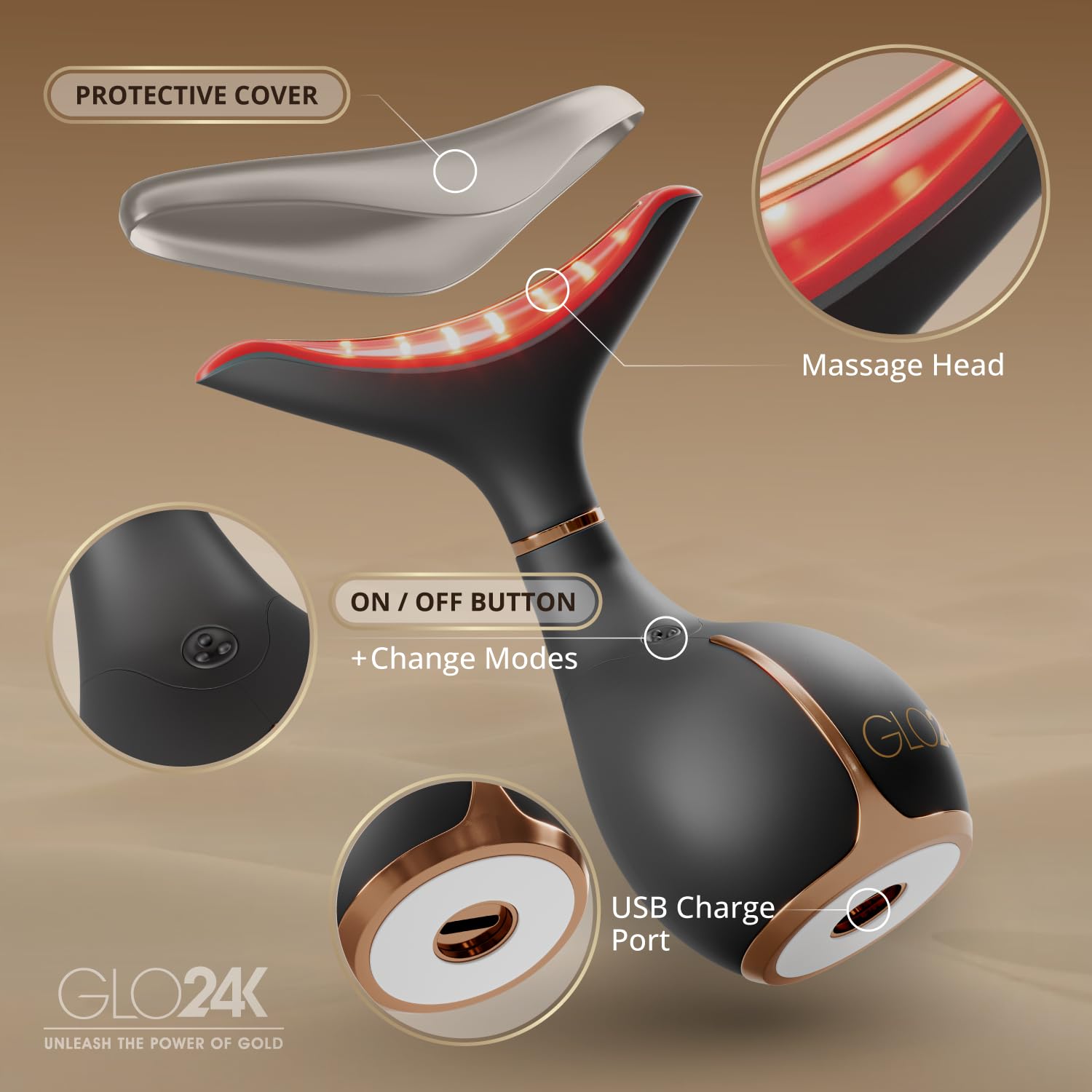 GLO24K rechargeable, travel-friendly beauty device ready for on-the-go use.
