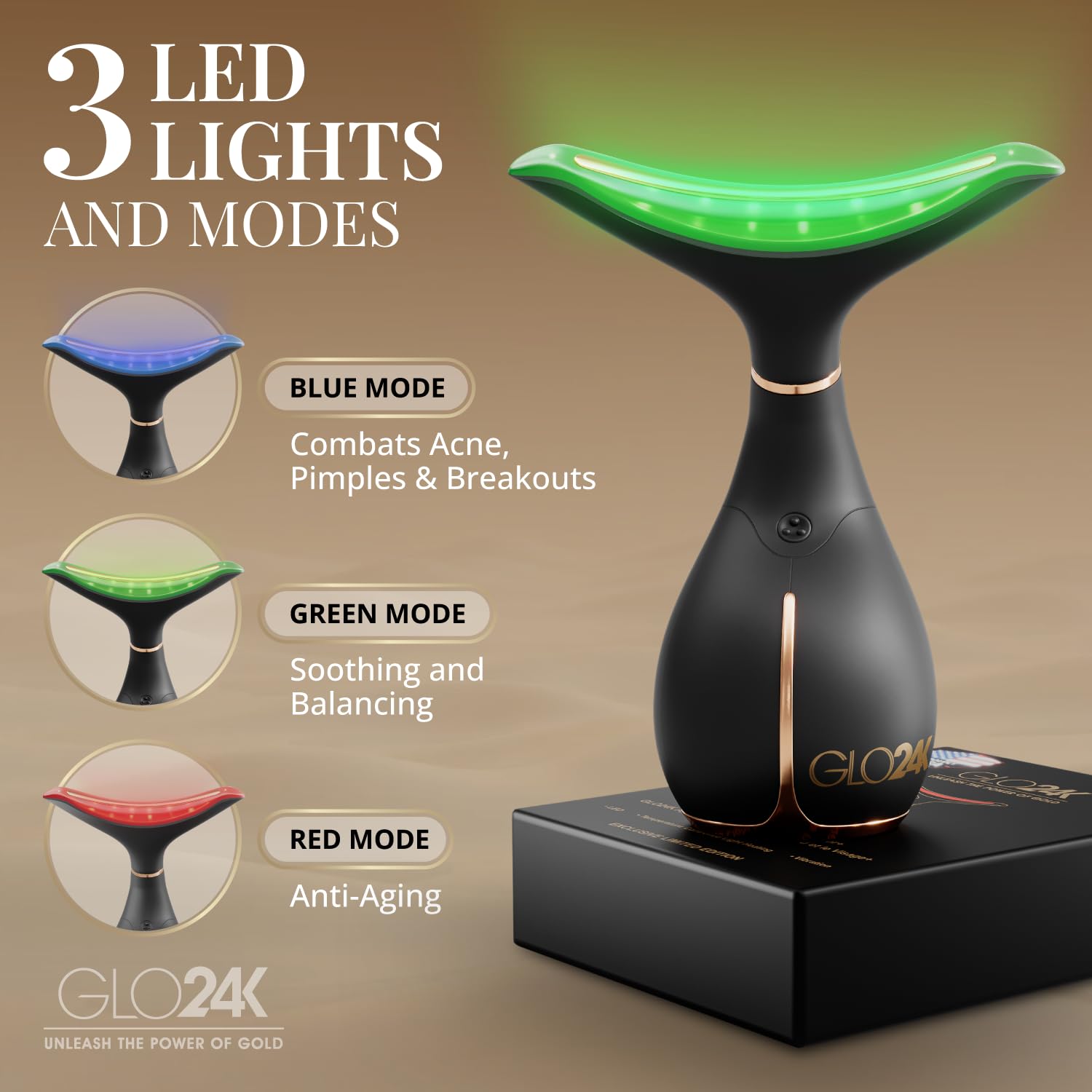 GLO24K triple-mode red-light LED massager shown for facial therapy and vibration.