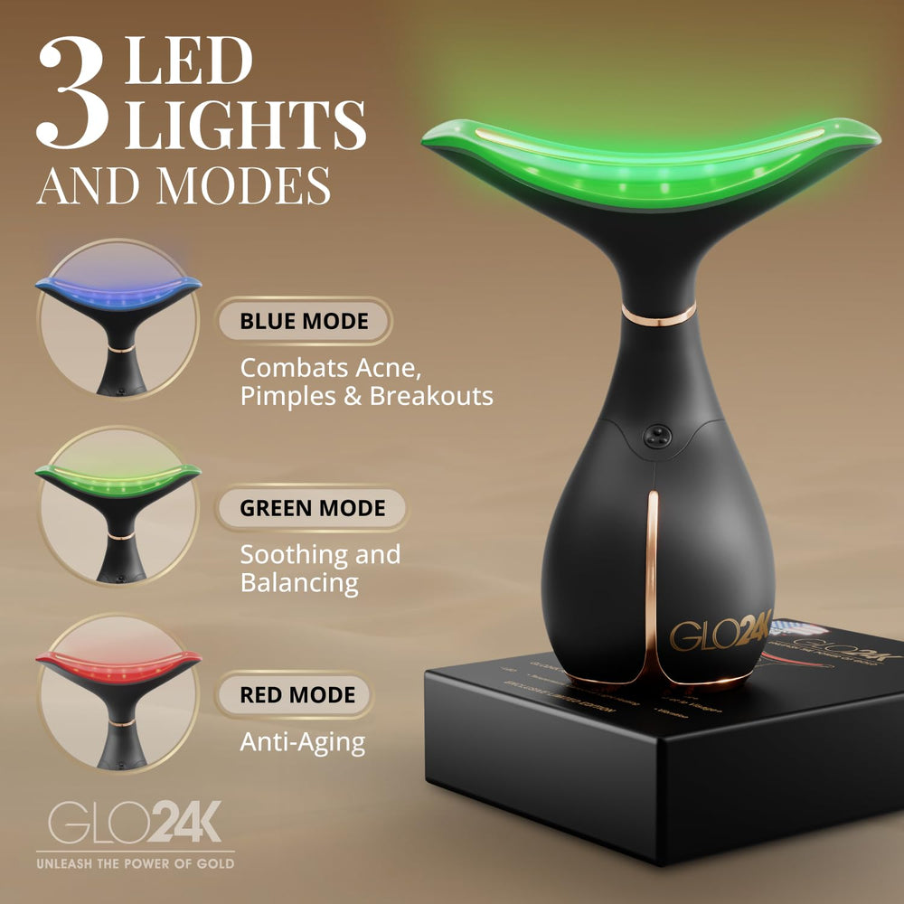 GLO24K triple-mode red-light LED massager shown for facial therapy and vibration.