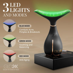 GLO24K triple-mode red-light LED massager shown for facial therapy and vibration.