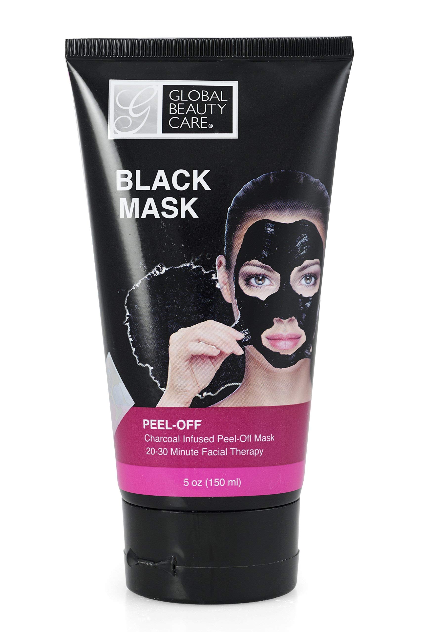 Global Beauty Care black peel-off mask application demonstrates pore cleansing.