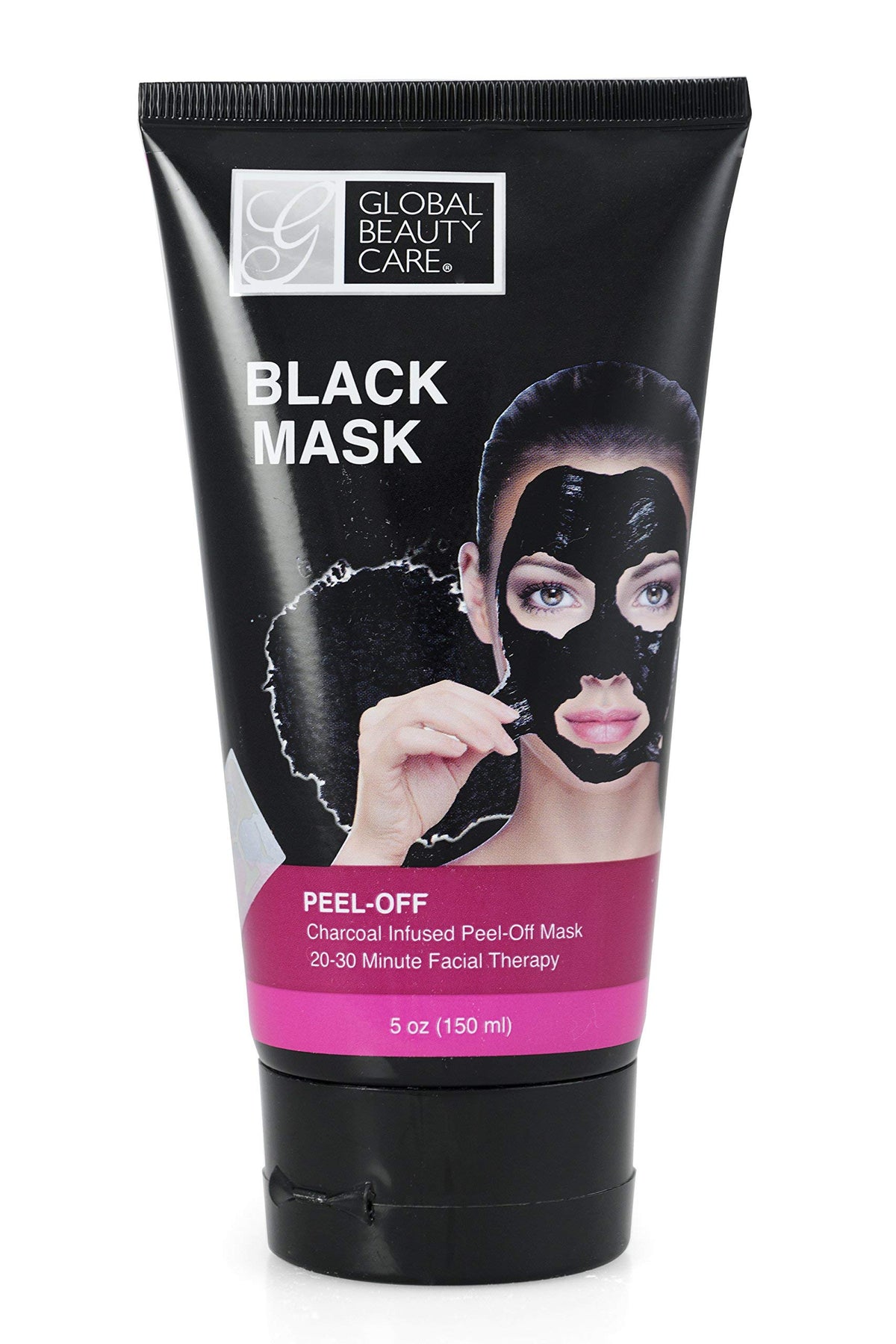 Global Beauty Care black peel-off mask application demonstrates pore cleansing.