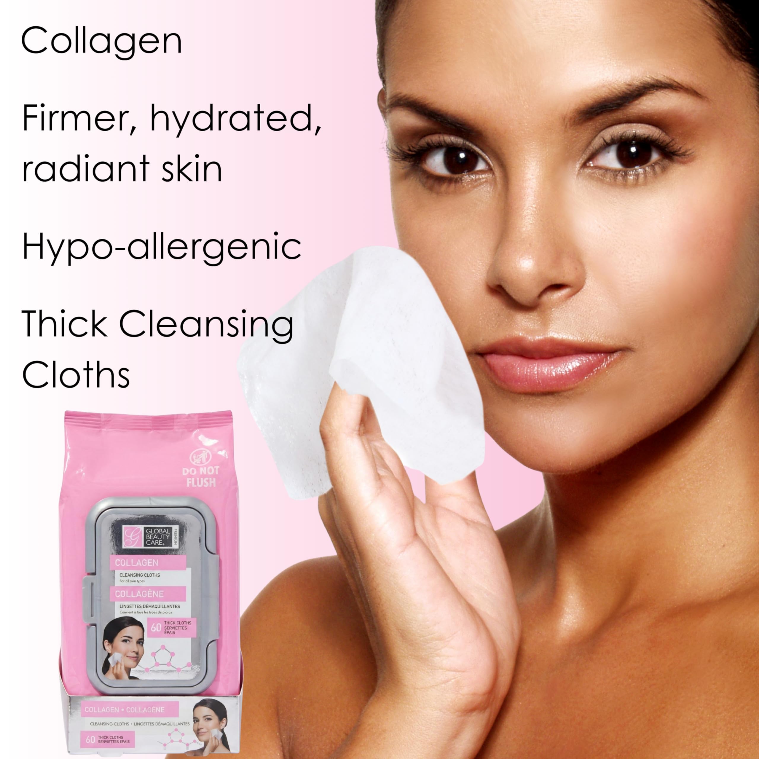 Global Beauty Care collagen wipes in use on face showing gentle makeup removal