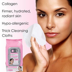 Global Beauty Care collagen wipes in use on face showing gentle makeup removal