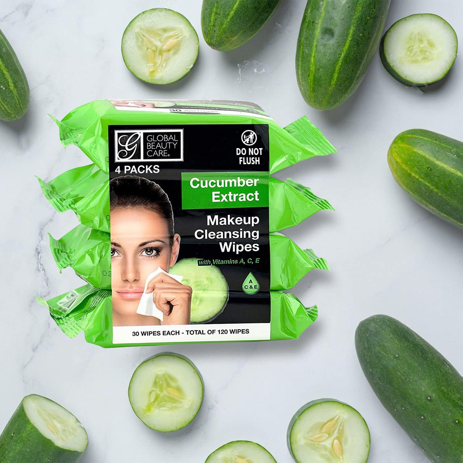 Global Beauty Care makeup cleansing wipes 120-count box on shelf for home use.