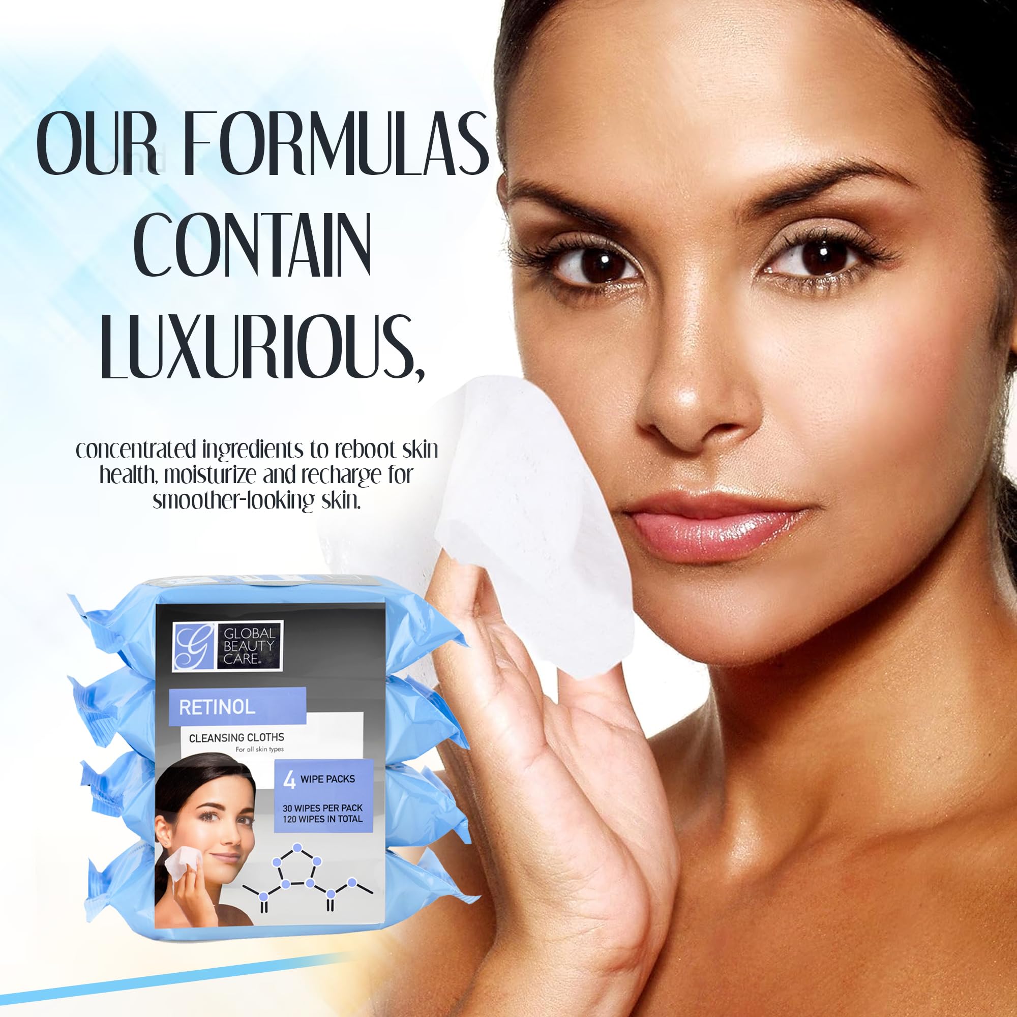 Global Beauty Care Retinol Cleansing Wipes paraben-free non-comedogenic formula for daily use.