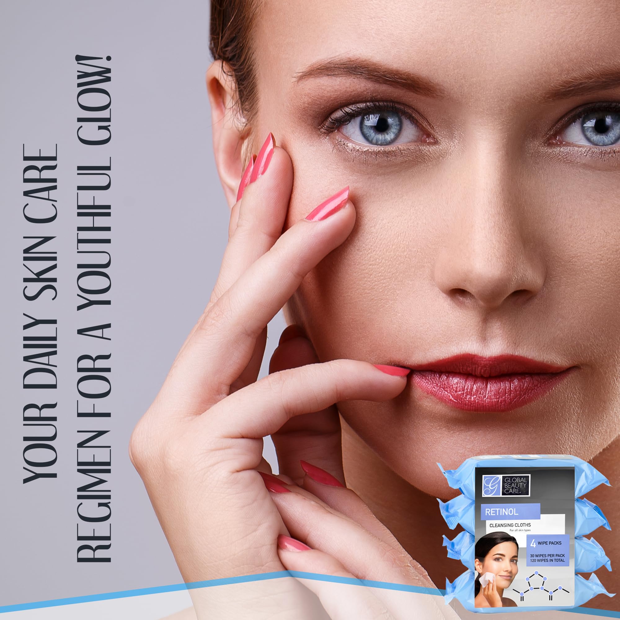 Global Beauty Care Retinol Cleansing Wipes travel-pack ideal for on-the-go skincare.