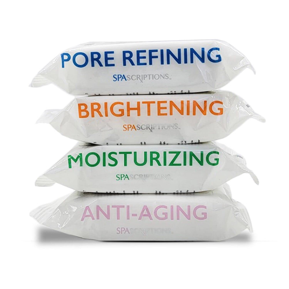 Global Beauty Care Spascriptions wipes brightening glow shot emphasizing Vitamin C and glycolic refresh.