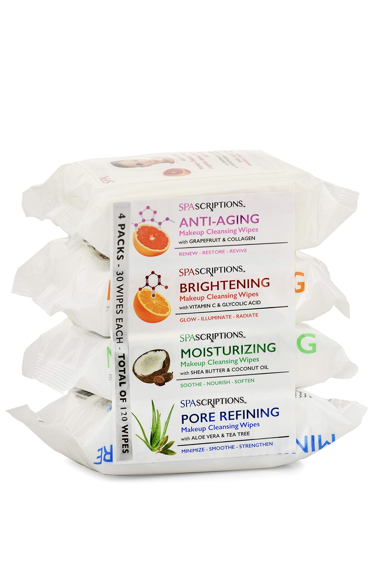 Global Beauty Care Spascriptions wipes collection open pack for easy makeup removal and refresh.