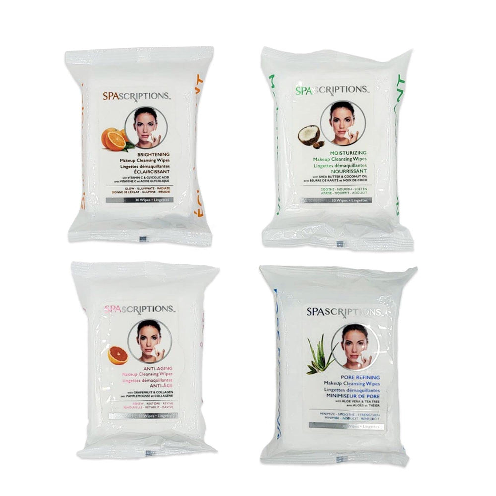 Global Beauty Care Spascriptions wipes moisturizing texture showing coconut oil and shea butter hydration.
