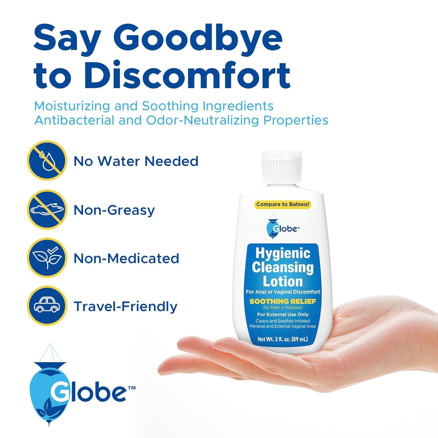 Hands applying Globe Cleansing Lotion demonstrates gentle cleansing action.