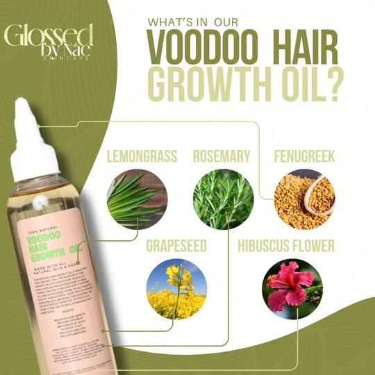 Ingredients scene for Glossed by Nae Voodoo Hair Growth Oil highlights rosemary and nourishing herbs