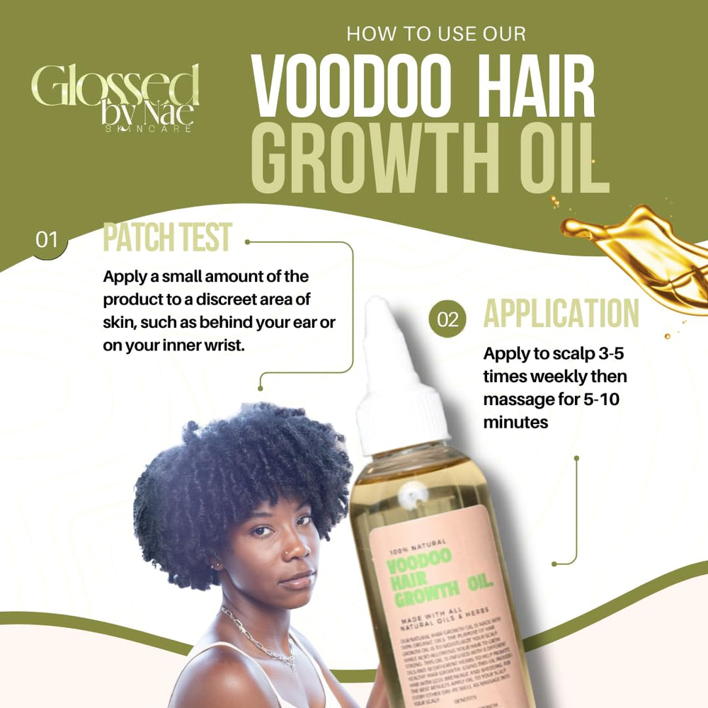 Packaging front of Glossed by Nae Voodoo Hair Growth Oil for easy daily use across all hair types