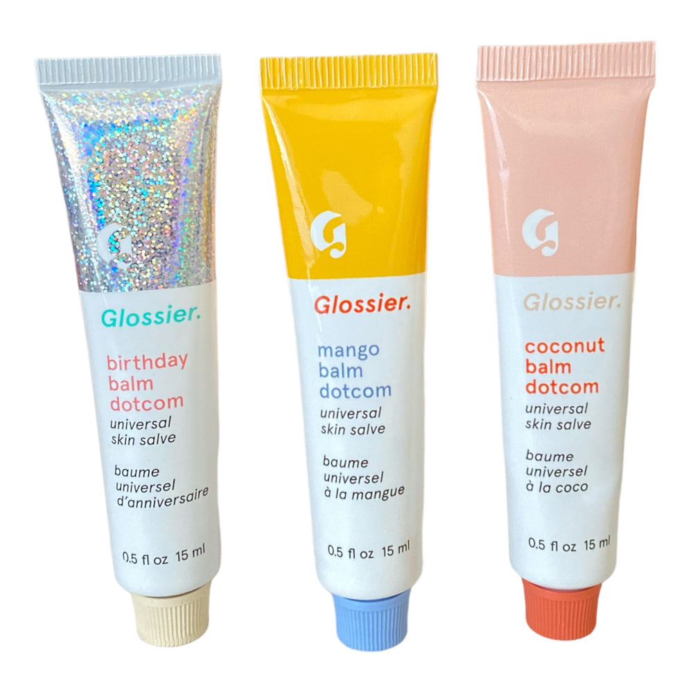 Glossier Balm Dotcom Trio Birthday Soft Shimmer adds natural glow for celebrations.