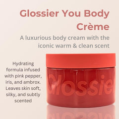 Glossier Crème de You fragrance notes pink pepper iris—scent descriptor.