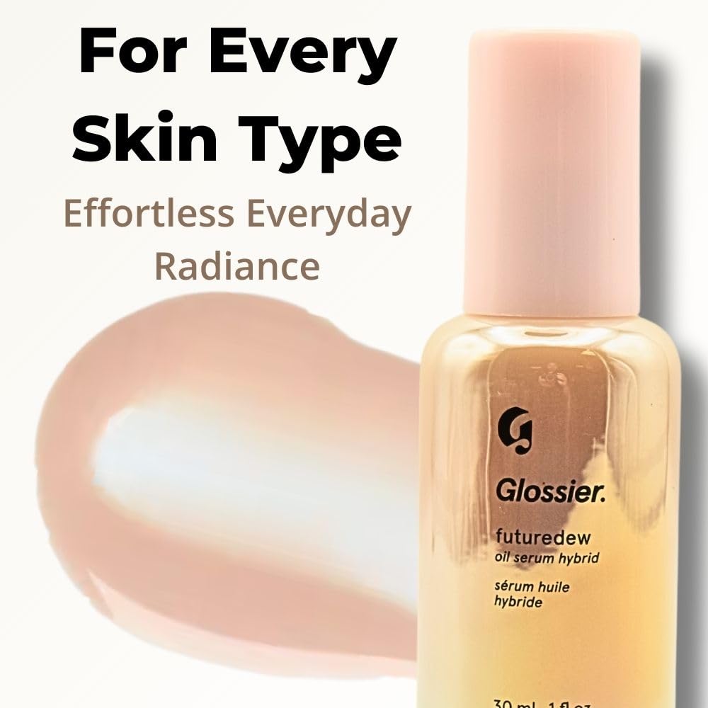 Glossier Futuredew application on the face shows versatile primer and glow booster use.