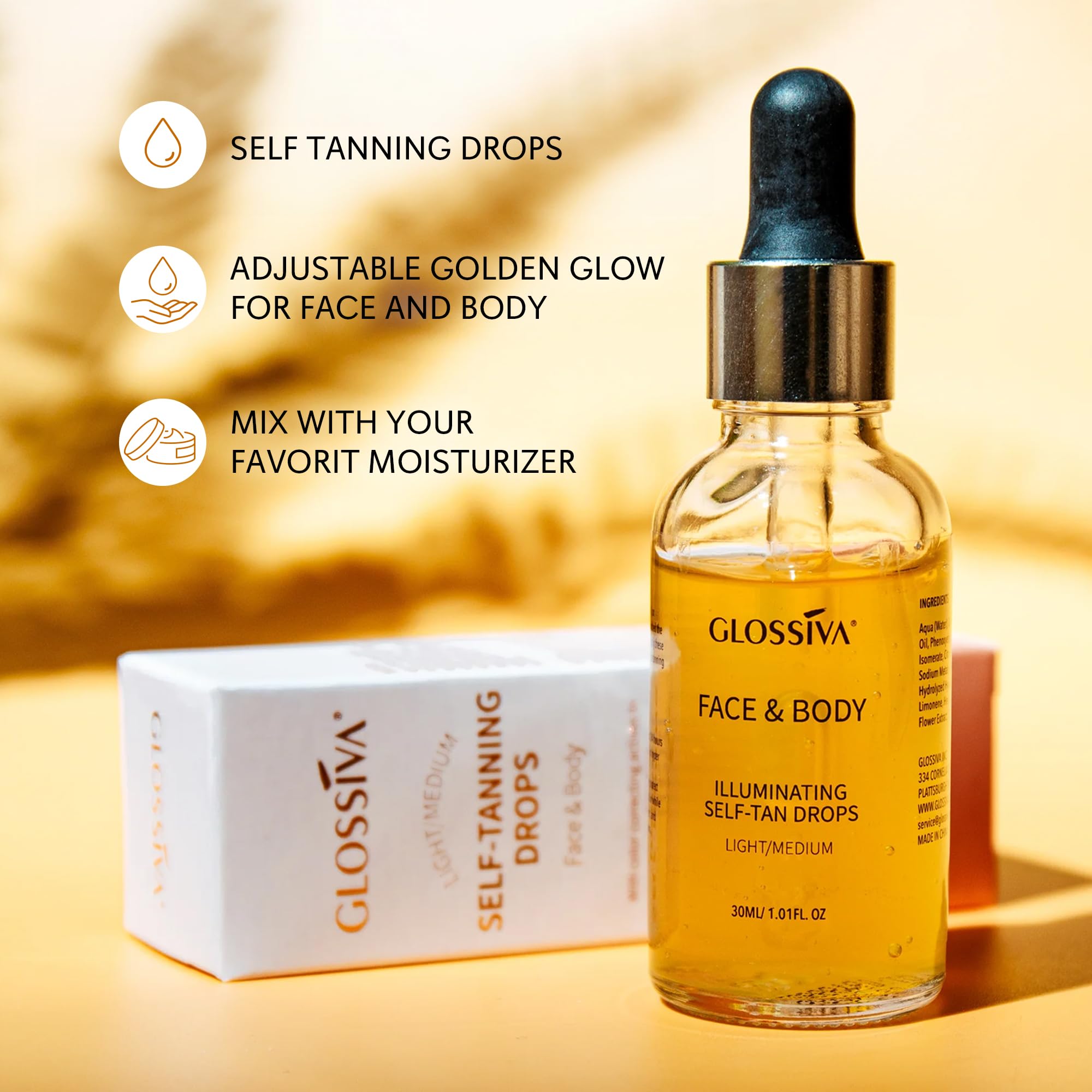 Glossiva Self Tanning Drops shown for natural radiance and color correction.