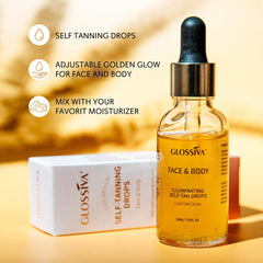 Glossiva Self Tanning Drops shown for natural radiance and color correction.