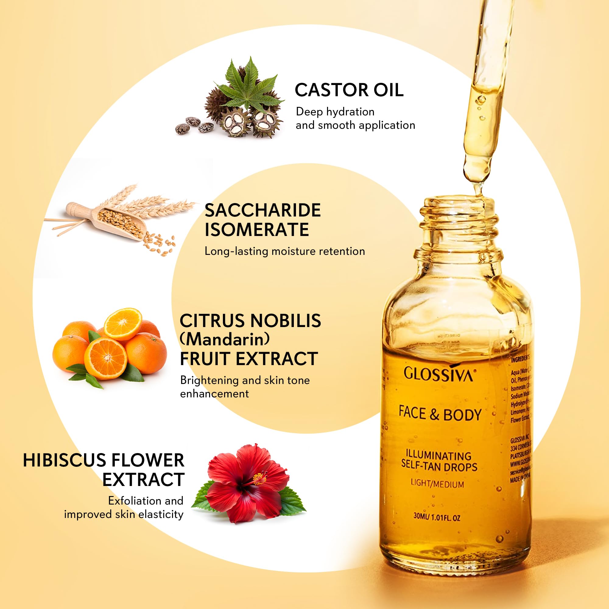 Glossiva Self Tanning Drops absorb quickly to show results in hours.