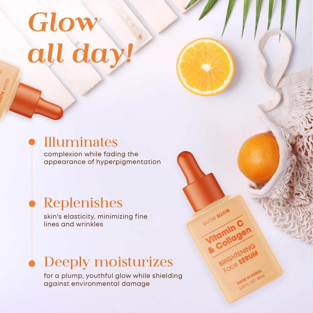 Glow Elixir ingredients graphic with vitamin C and hyaluronic acid
