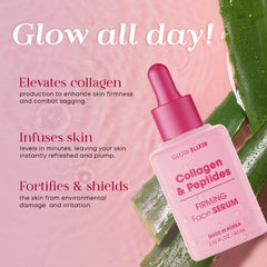 Glow Elixir serum texture close-up showing silky application for smooth skin.