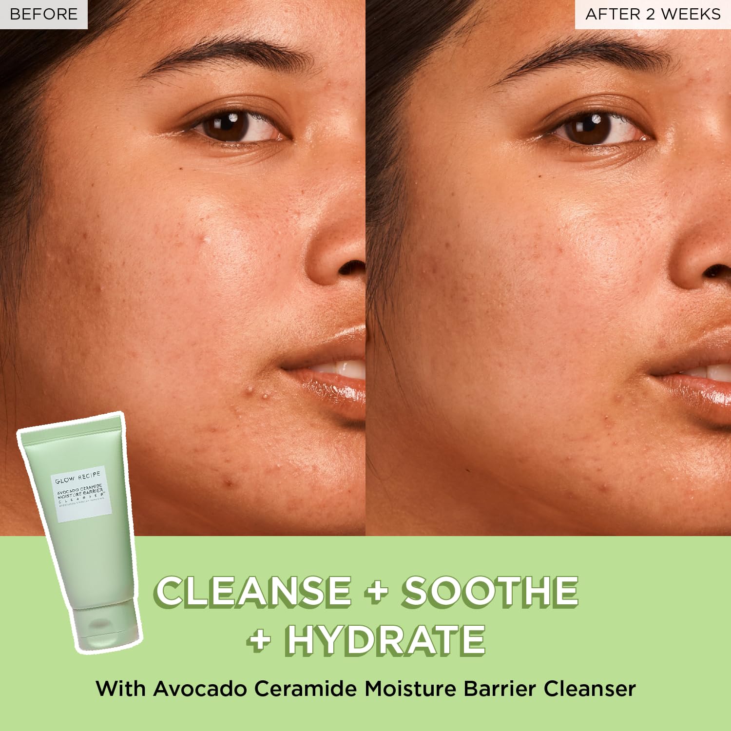 Glow Recipe Avocado Ceramide Cleanser removing makeup with a gentle rinse for clean skin.
