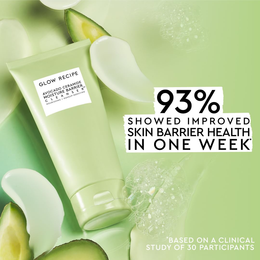 Glow Recipe Avocado Ceramide Cleanser postbiotic-ceramide synergy shown after wash benefiting skin barrier.