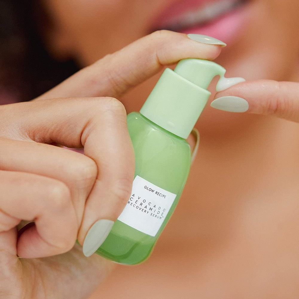 Glow Recipe Avocado Ceramide Serum texture closeup shows milky soothing consistency.