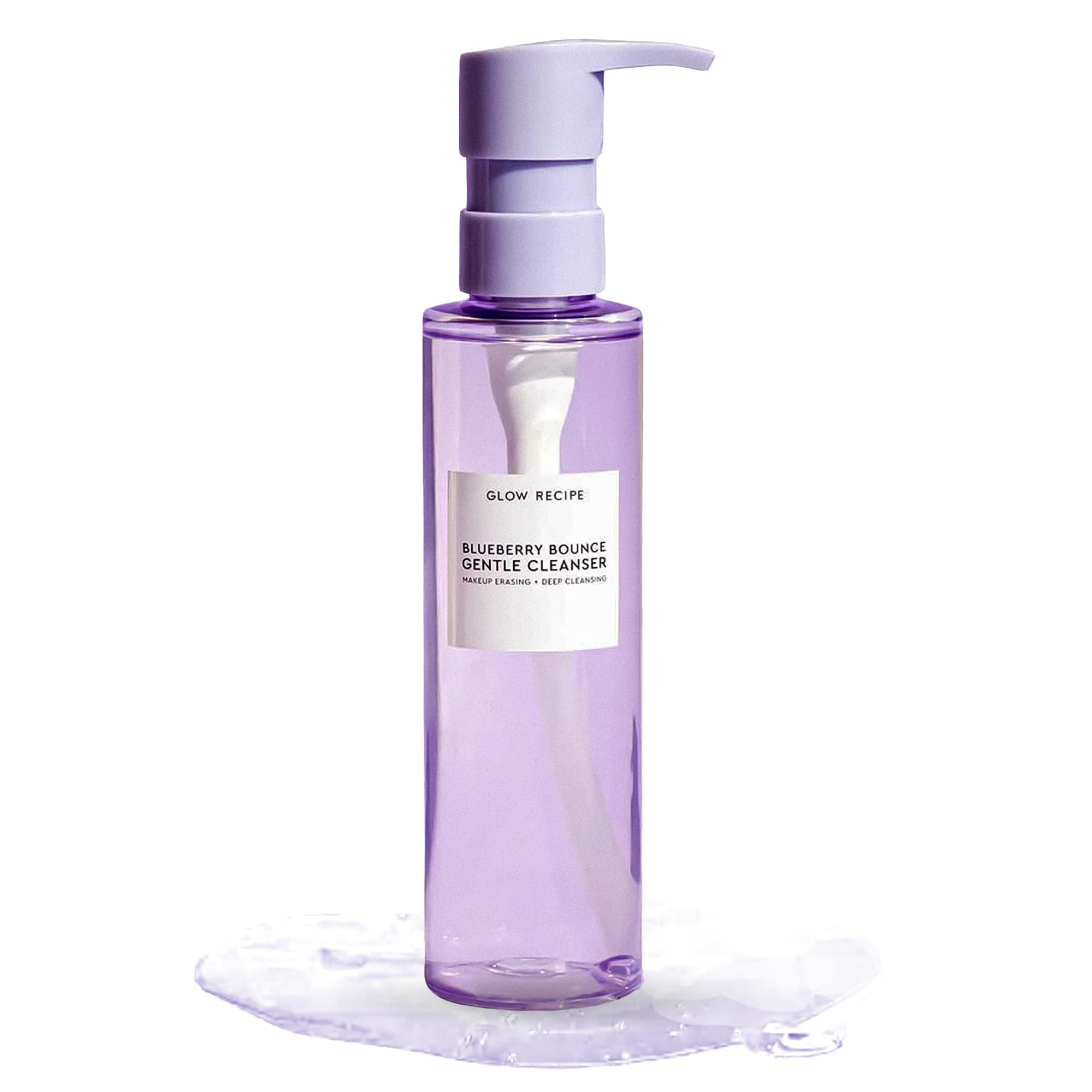 Glow Recipe Blueberry Bounce cleanser bottle demonstrates hydrating 3-in-1 cleansing and makeup removal.