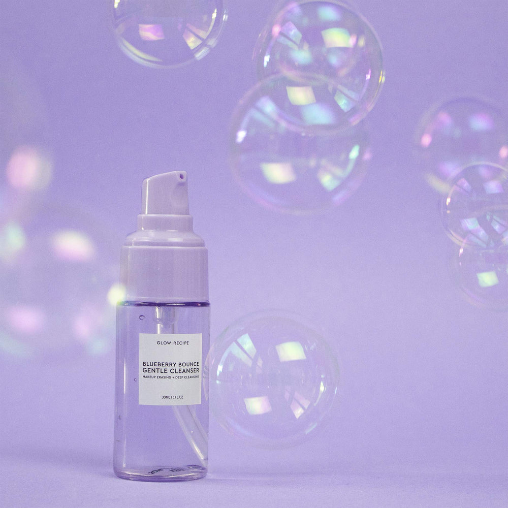 Glow Recipe Blueberry Bounce Face Wash foaming lather demonstrates gentle makeup removal.