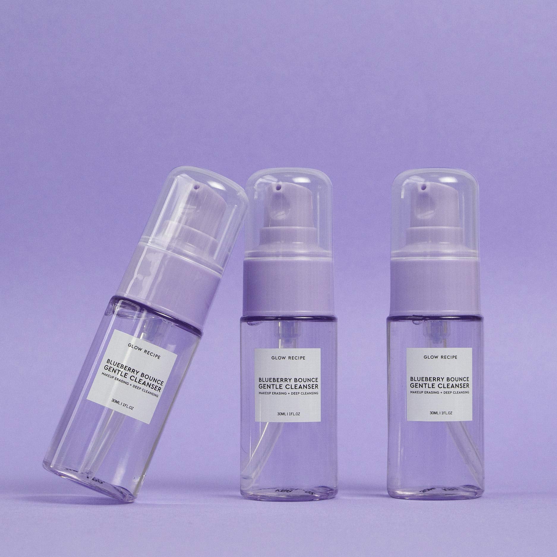 Glow Recipe Blueberry Bounce Face Wash travel-size 30ml sits in bag for easy routine.