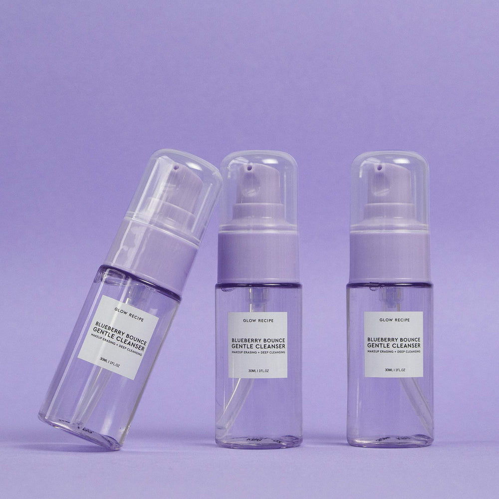 Glow Recipe Blueberry Bounce Face Wash travel-size 30ml sits in bag for easy routine.