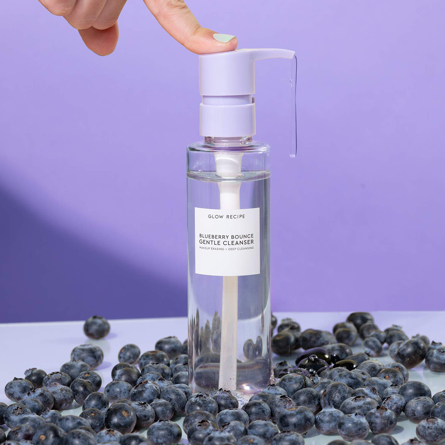 Glow Recipe Blueberry Bounce foaming suds highlight microfoam for makeup removal and exfoliation.