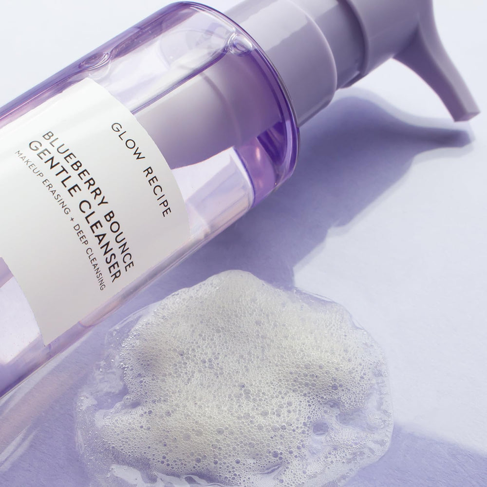 Glow Recipe Blueberry Bounce morning routine image suggests daily cleanser for sensitive skin.