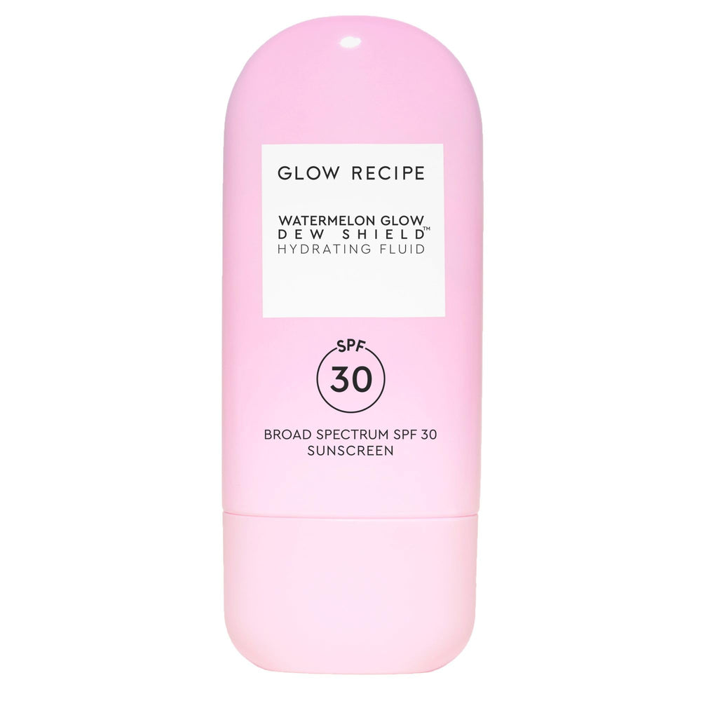 Glow Recipe Dew Shield sunscreen bottle front view, lightweight hydration for daily sun protection.