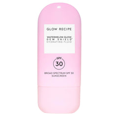 Glow Recipe Dew Shield sunscreen bottle front view, lightweight hydration for daily sun protection.