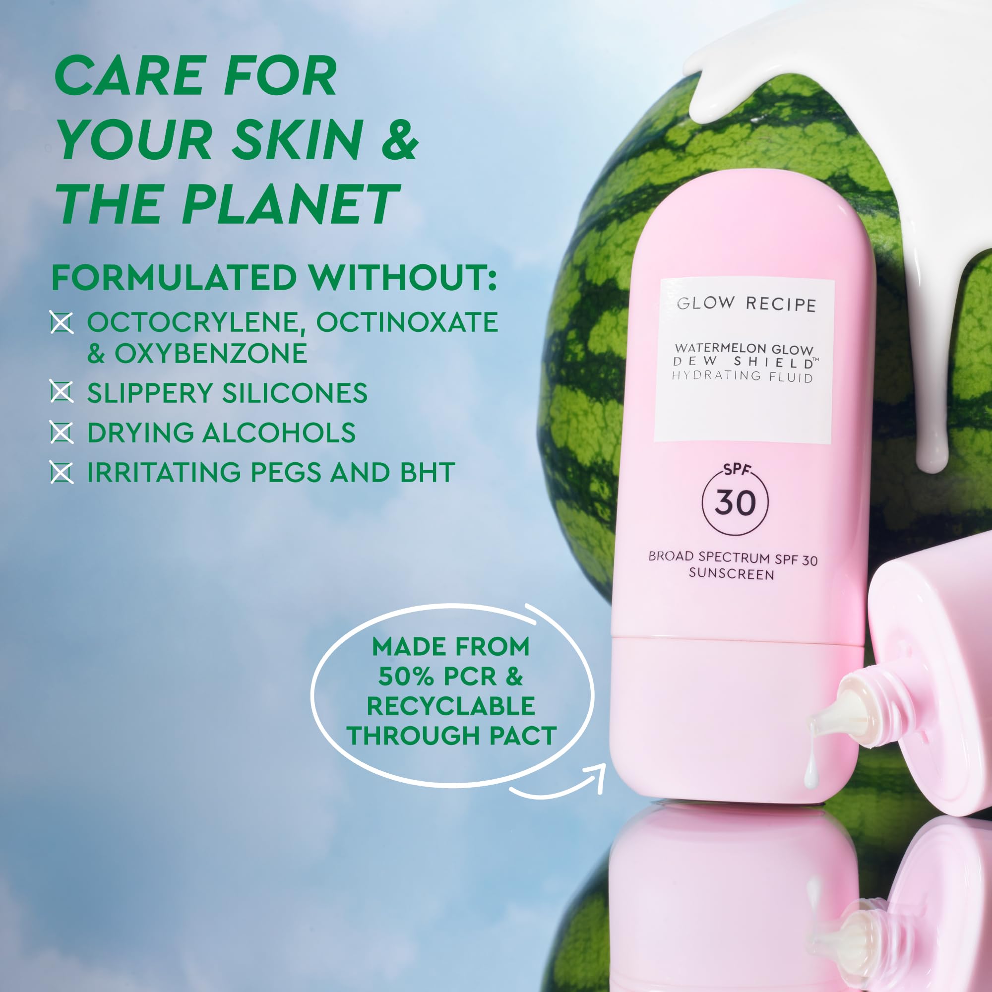 Glow Recipe Dew Shield bottle cutaway, no white cast, blends seamlessly for all tones.