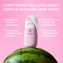 Glow Recipe Dew Shield swirled on skin showing dewy finish for radiant complexion.