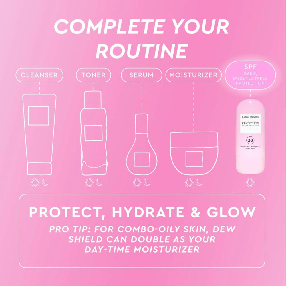 Glow Recipe Dew Shield under-makeup application, primes glow for makeup-ready skin.