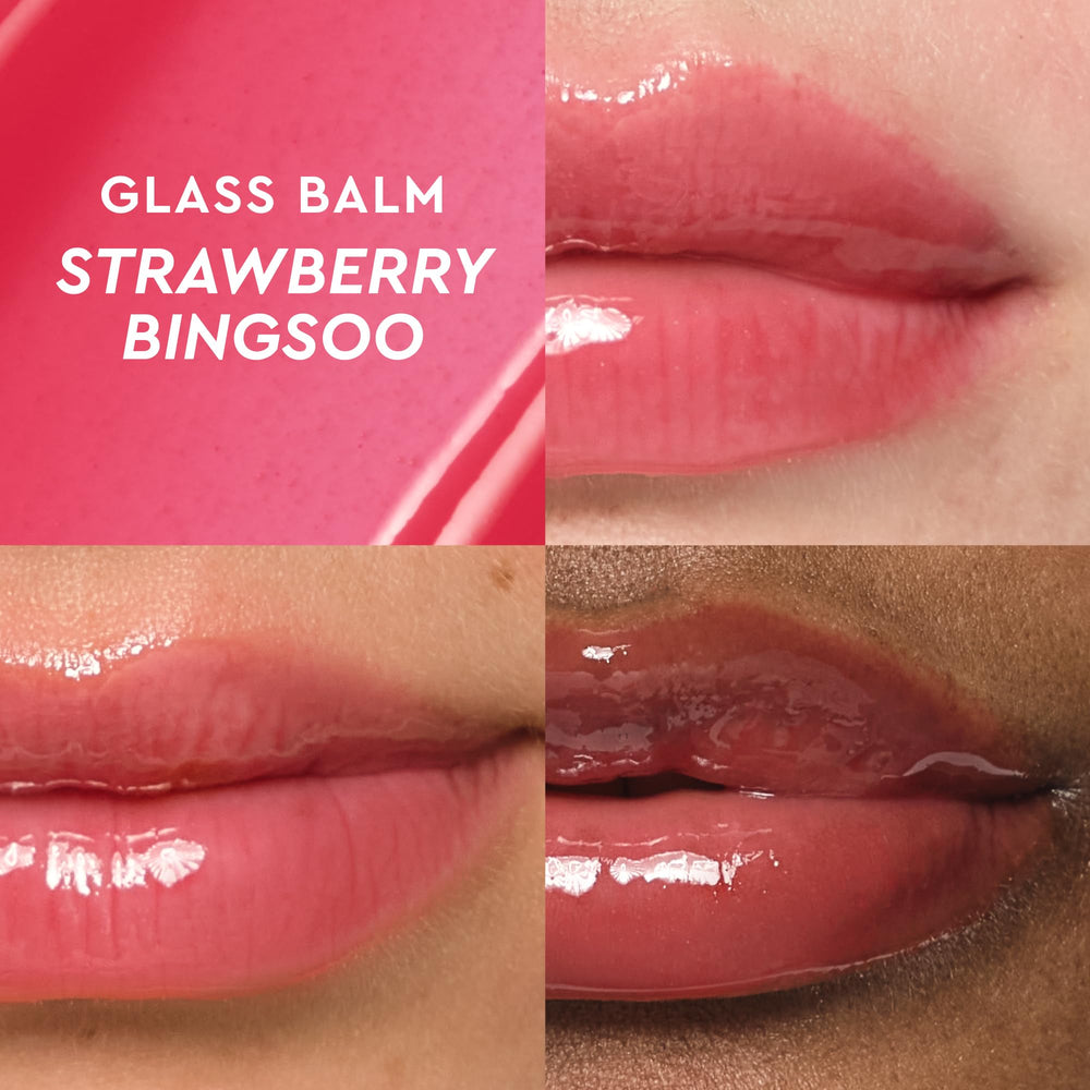 Glow Recipe Glass Balm closeup shows the sheer pinky-red tint on lips.